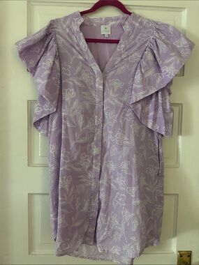 Anthropologie Lilac Floral Ruffle-Sleeve Mini Dress